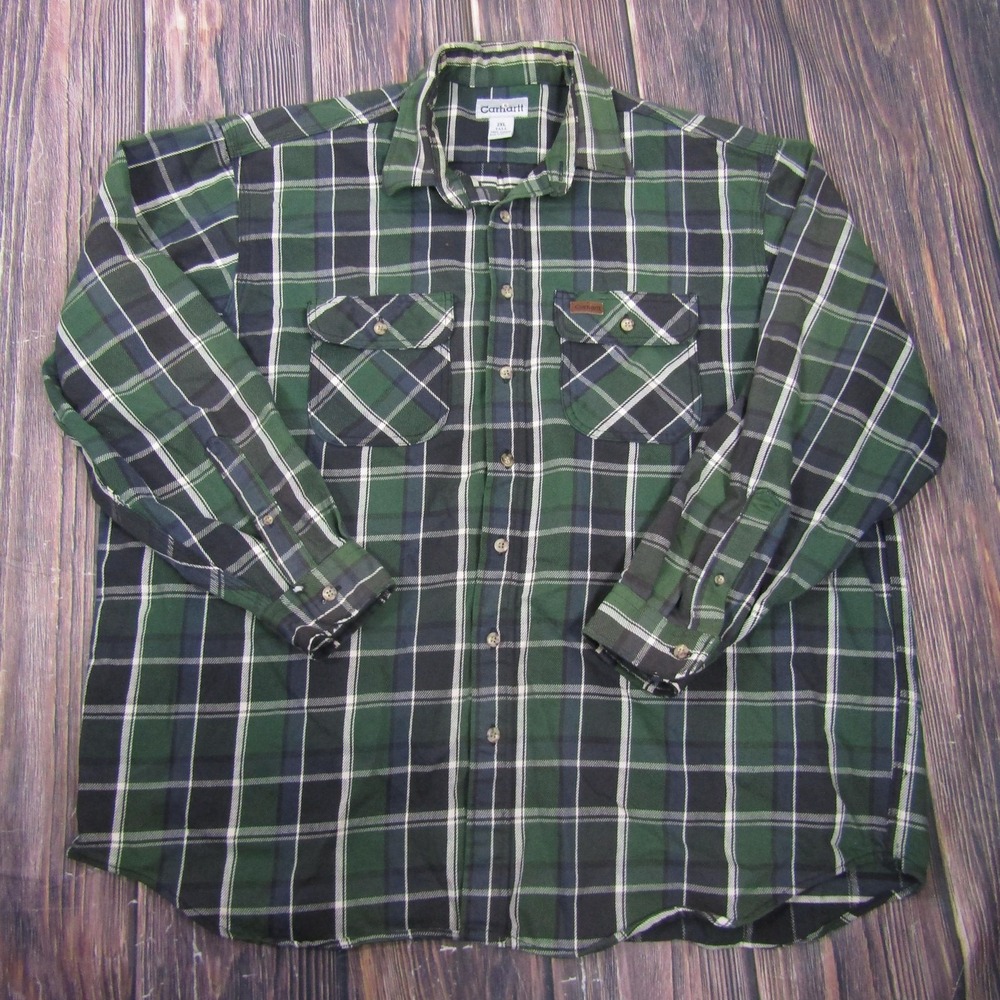 Carhartt Shirt Mens 2XLT Green Long Sleeve Button Up Flannel Pockets Workwear